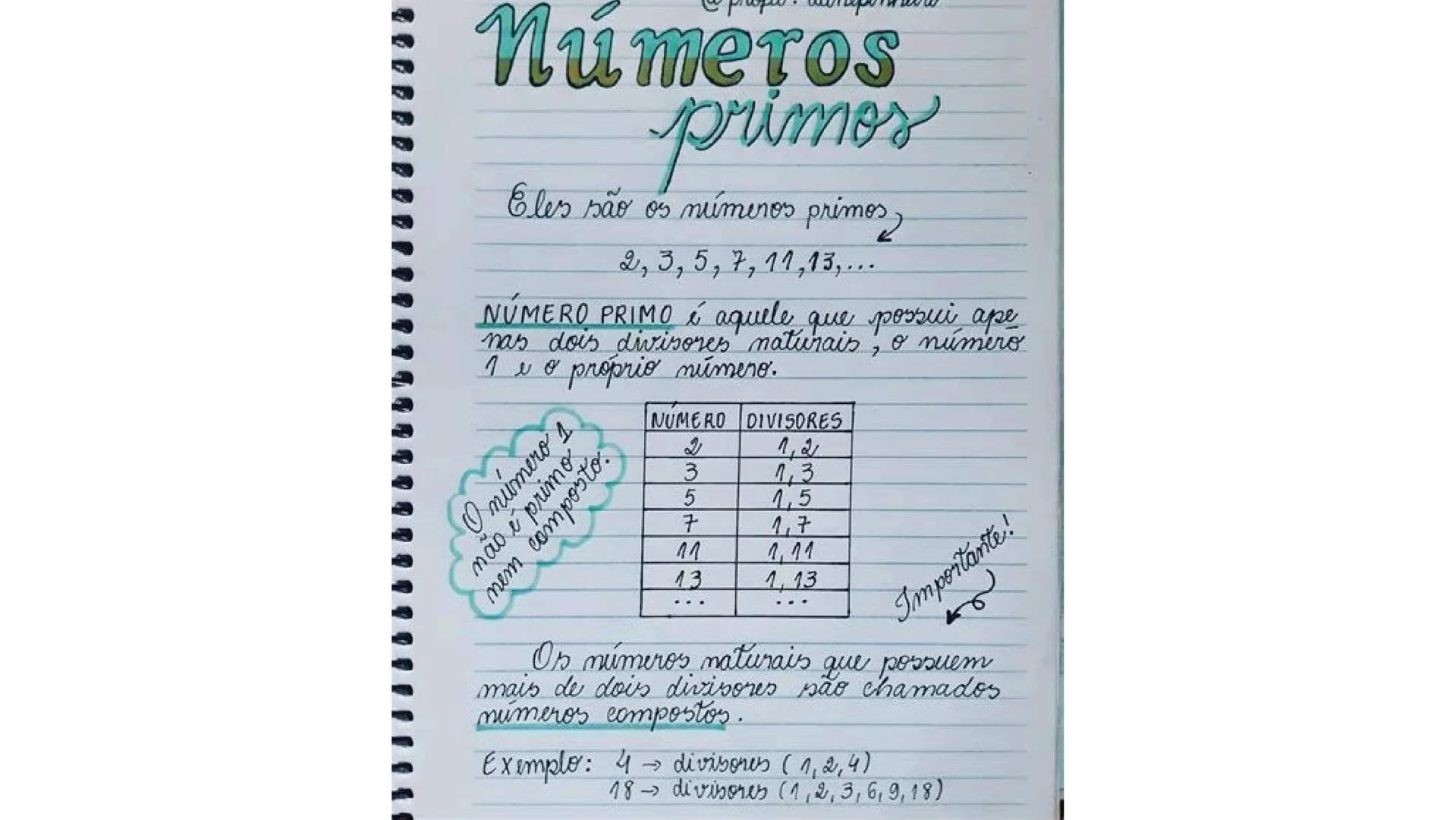 --- OCR Start ---
Números
primos
Eles são os números primos,
2, 3, 5, 7, 11, 13,...
NUMERO PRIMO é aquele que possui ape
nas dois divisores