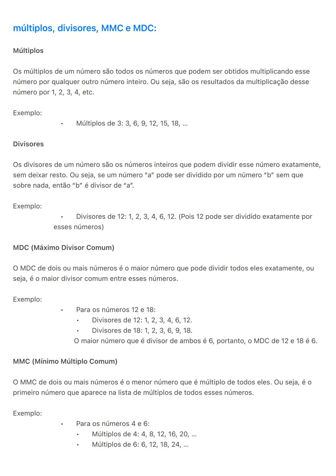 --- OCR Start ---
múltiplos, divisores, MMC e MDC:
Múltiplos
Os múltiplos de um número são todos os números que podem ser obtidos multiplica