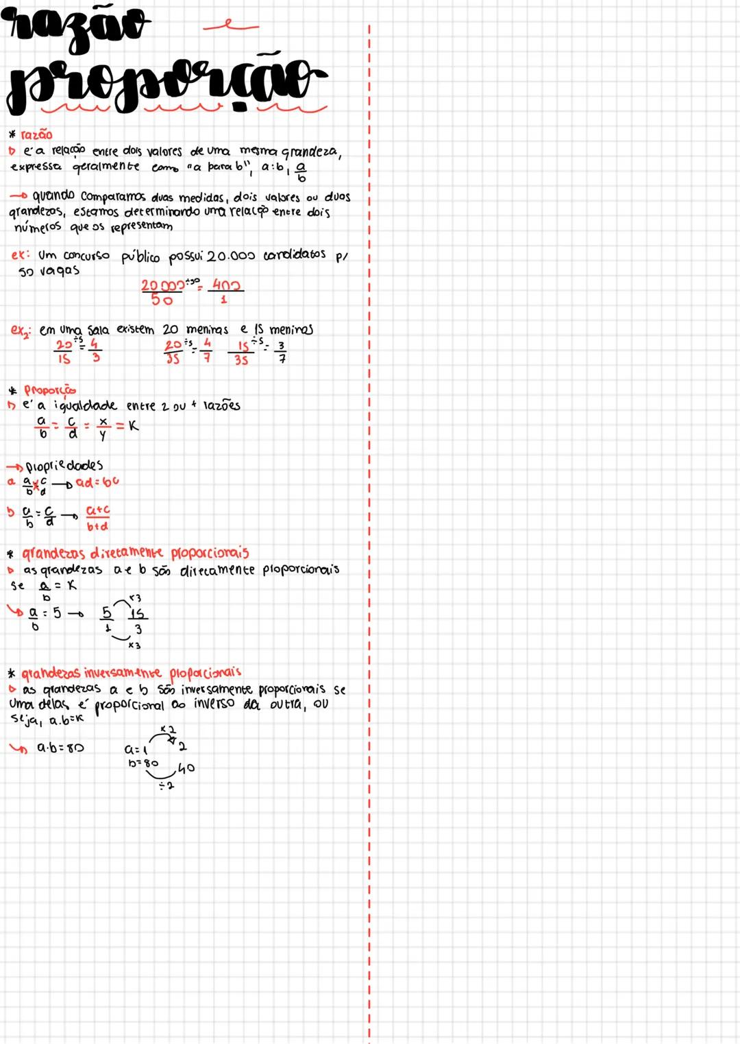 --- OCR Start ---
razão
proporção
* razão
▷e'a relação entre dois valores de uma mesma grandeza,
expressa geralmente como "a para b", $a:b,
