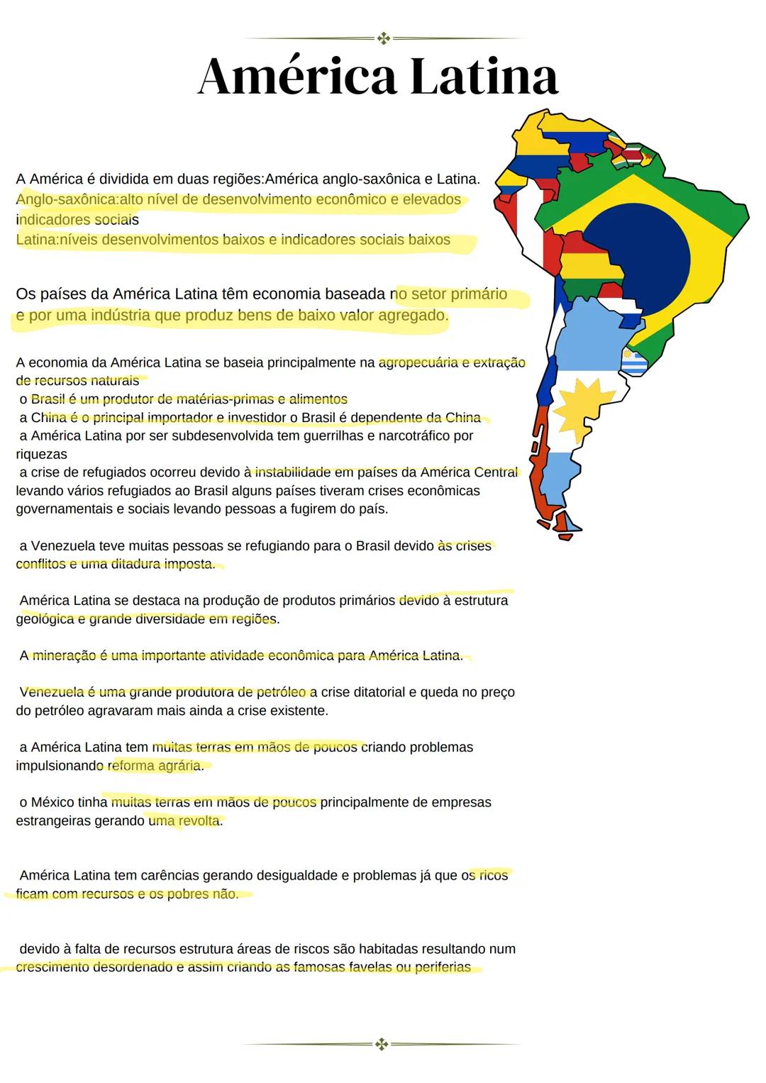 # América Latina
A América é dividida em duas regiões: América anglo-saxônica e Latina.
Anglo-saxônica:alto nível de desenvolvimento econôm