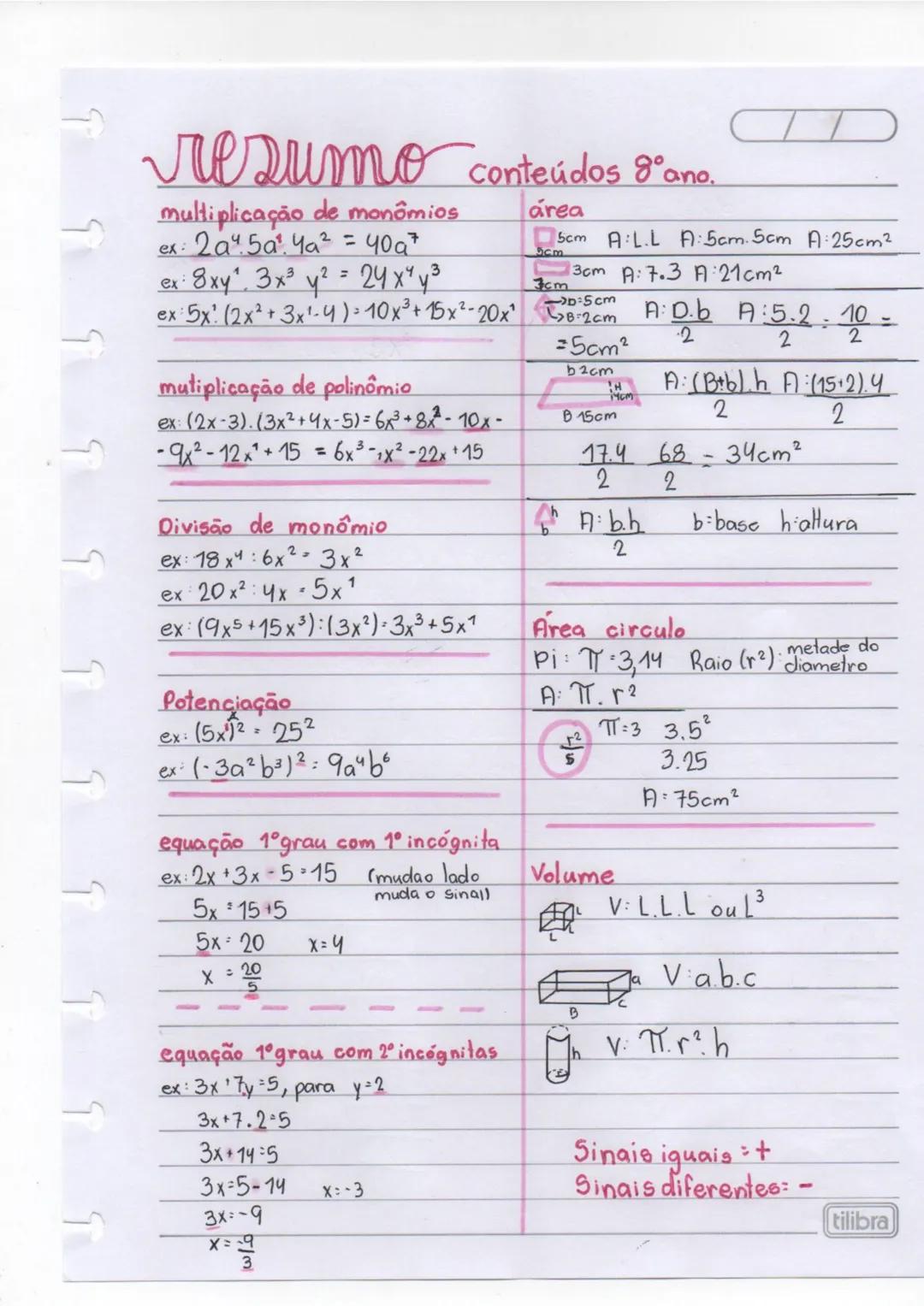 # resumo conteúdos 8 ano.
multiplicação de monômios
ex: 2a45a. Ya² = 4097
ex: 8xy". 3x3 y² = 24x²y³
ex: 5x (2x²+3x-4)=10x²+15x²-20x
mutipl