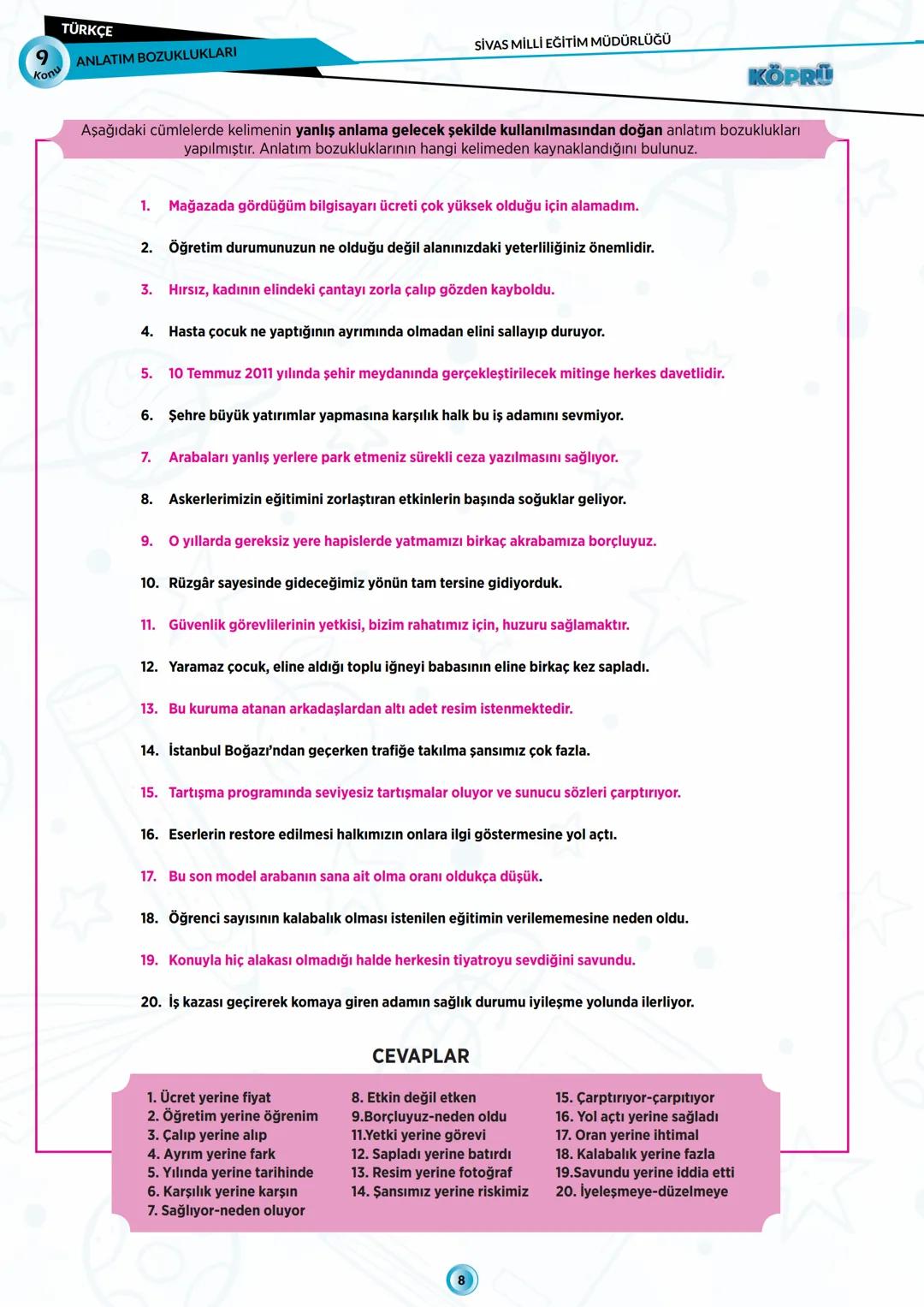 G
SİVAS VALİLİĞİ
***
*
HUBITETI MILLI EGIT
KÖPRÜ
Kurslarda Öğretimin Planlanması ve Rehberlikte Üstünleşme
**
TÜRKÇE
FASİKÜL-9
ANLATIM BOZUK