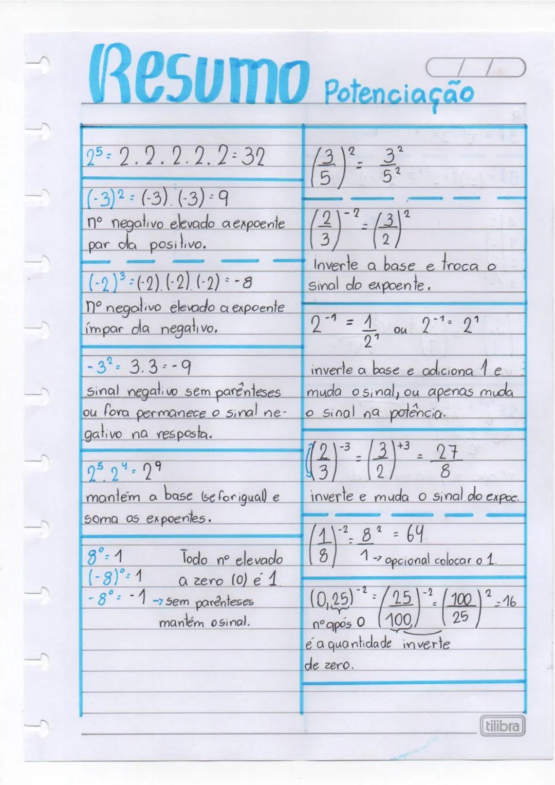 # Resumo Potenciação
25=2.2.2.2.2=32
$(\frac{3}{5})^2 = \frac{3^2}{5^2}$
(-3)2=(-3).(-3)=9
no negativo elevado a expoente
$(\frac{2}{3}