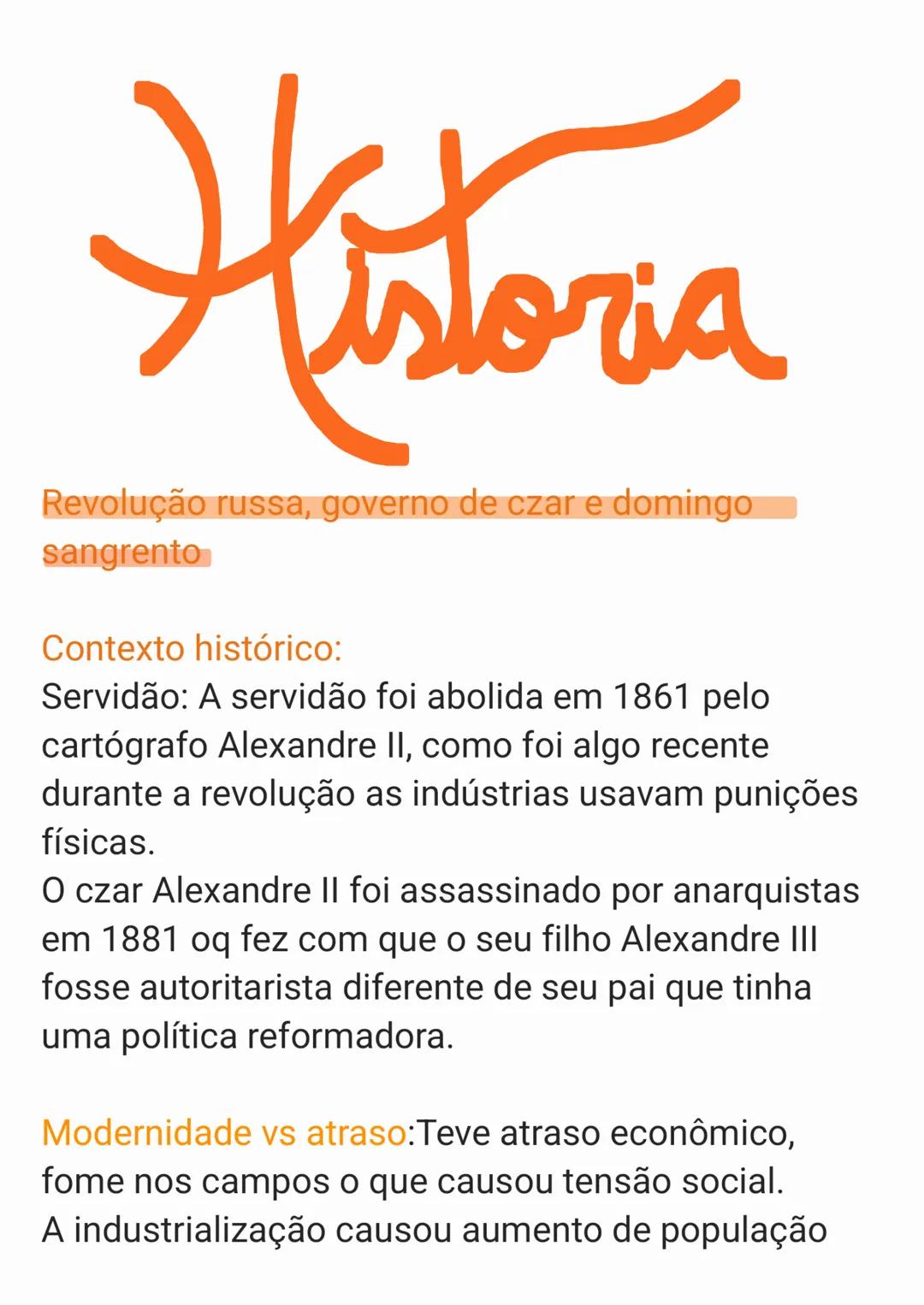 # Historia
Revolução russa, governo de czar e domingo
sangrento
Contexto histórico:
Servidão: A servidão foi abolida em 1861 pelo
cartógr