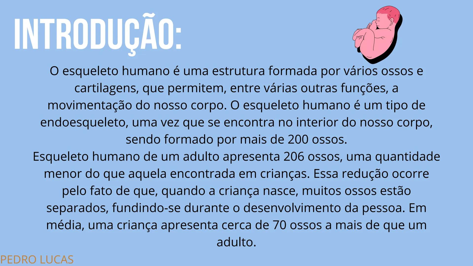 # SISTEMA
ESQUELÉTICO
2º ANO A - ENFERMAGEM
PLÁCIDO LUIZ; MARIA LUIZA; PABLO WEYNE;
LUIZ EDUARDO; PEDRO BATISTA. # INTRODUÇÃO:
O esquelet