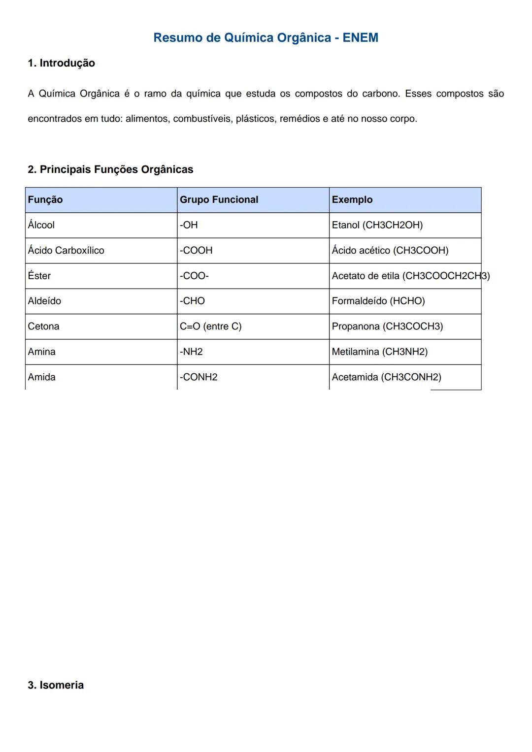 # Resumo de Química Orgânica - ENEM
1. Introdução
A Química Orgânica é o ramo da química que estuda os compostos do carbono. Esses compost