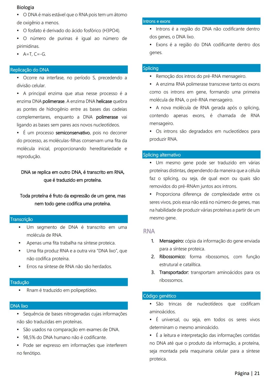 Biologia
Ácidos nucleicos
20
Sumário
RNA..
21
Introdução à biologia.
5
Ribossomos
22
Composição química.
.5
Engenharia genética.
22
Organiza