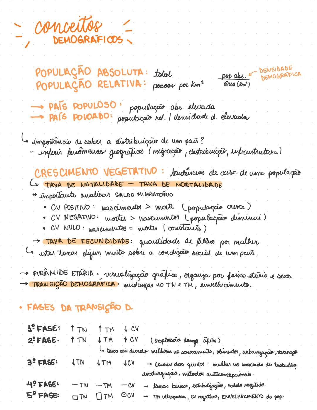 - conceitos
DEMOGRAFICOS、
POPULAÇÃO ABSOLUTA: total
POPULAÇÃO RELATIVA: pessoas por km²
→PAÍS POPULOSO população abs. elevado
→PAÍS POVOA