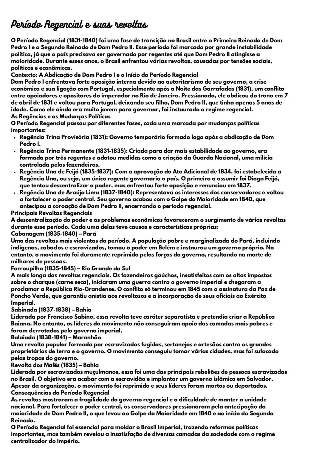 # Período Regencial e suas revoltas
O Período Regencial (1831-1840) foi uma fase de transição no Brasil entre o Primeiro Reinado de Dom
Ped