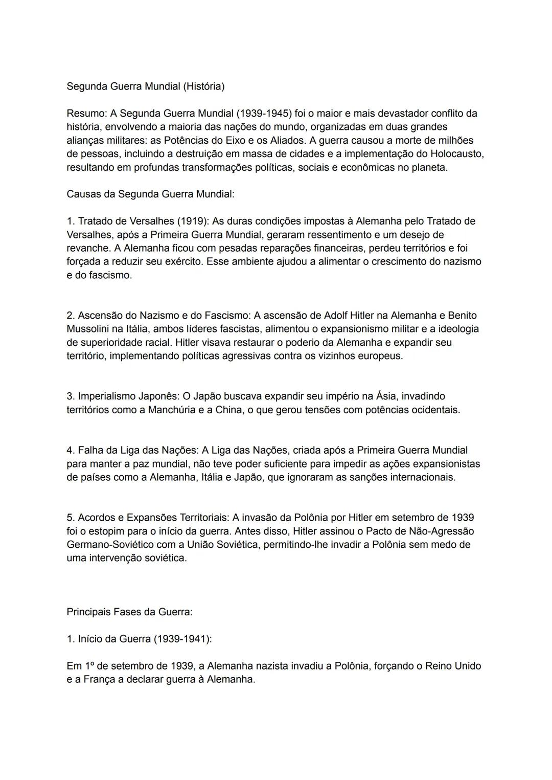 # Segunda Guerra Mundial (História)
Resumo: A Segunda Guerra Mundial (1939-1945) foi o maior e mais devastador conflito da
história, envolv