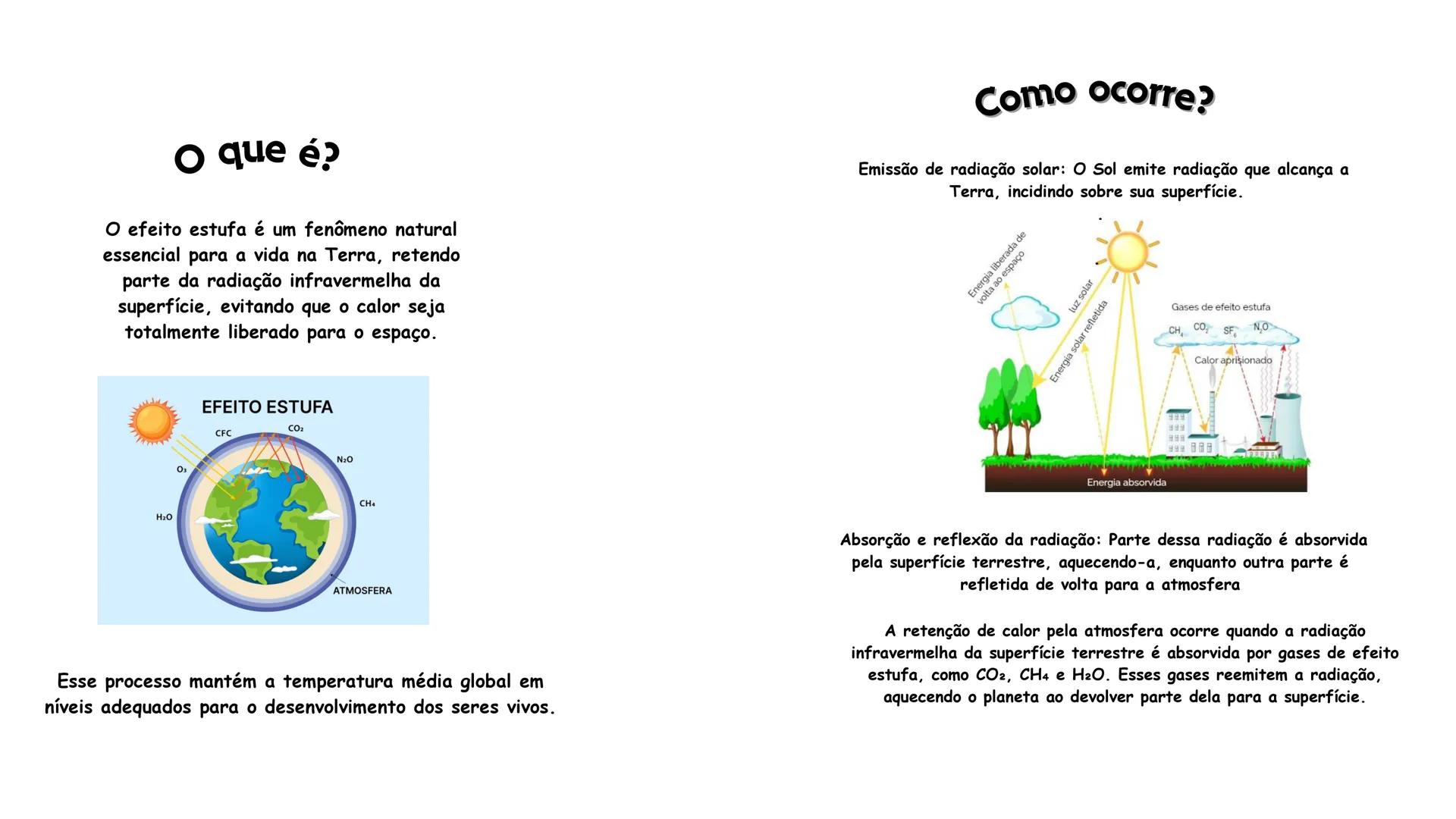 # O que é?
O efeito estufa é um fenômeno natural
essencial para a vida na Terra, retendo
parte da radiação infravermelha da
superfície, evi