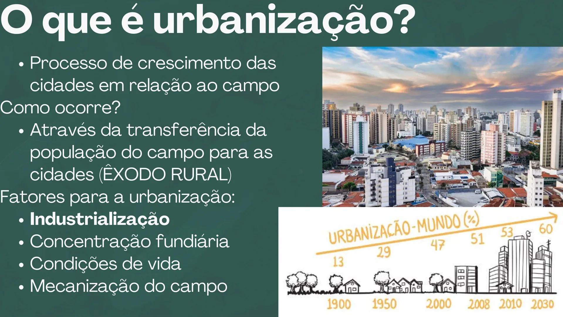 # URBANIZAÇÃO
E SUAS CONSEQUÊNCIAS O que é urbanização?
• Processo de crescimento das
cidades em relação ao campo
Como ocorre?
• Através da