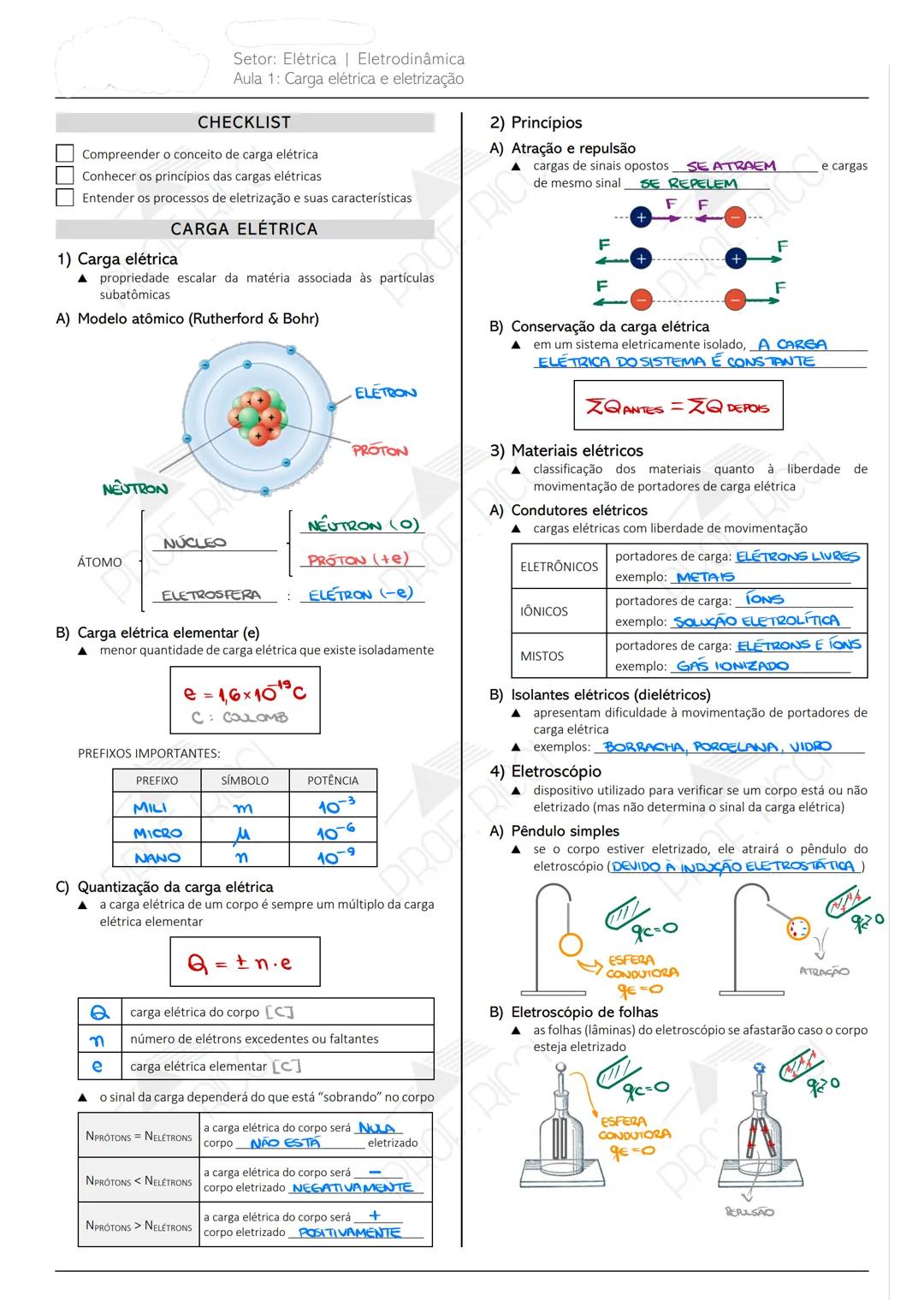 Setor: Elétrica | Eletrodinâmica
Aula 1: Carga elétrica e eletrização
CHECKLIST
Compreender o conceito de carga elétrica
Conhecer os princ