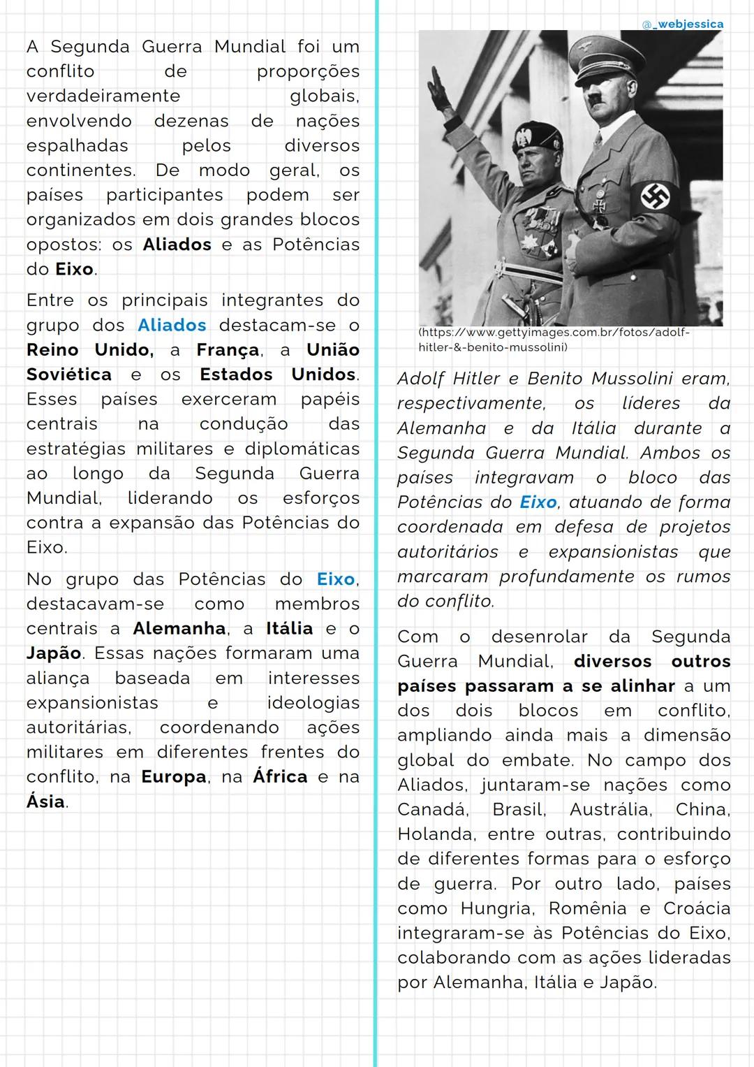 # Segunda Guerra Mundial
@_webjessica
1 - Resumo sobre a Segunda
Guerra Mundial
A Segunda Guerra Mundial, ocorrida
entre os anos de 1939