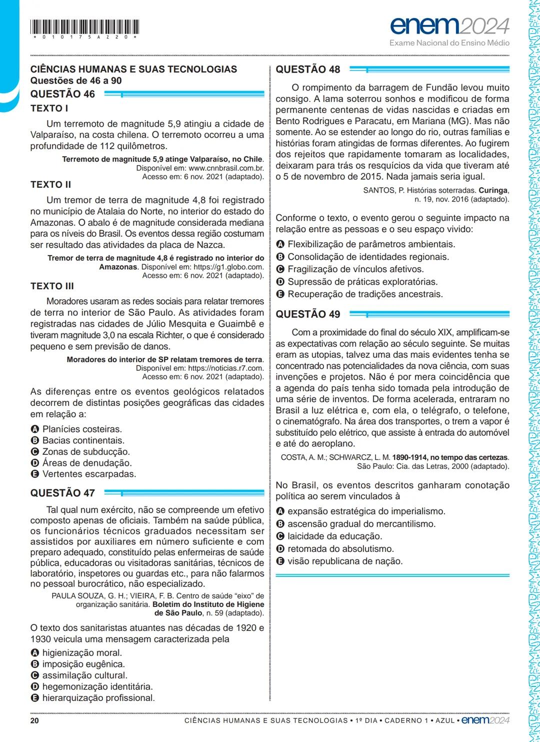 01
1º DIA
EXAME NACIONAL DO ENSINO MÉDIO
PROVA DE LINGUAGENS, CÓDIGOS E SUAS TECNOLOGIAS E REDAÇÃO
PROVA DE CIÊNCIAS HUMANAS E SUAS TECNOL