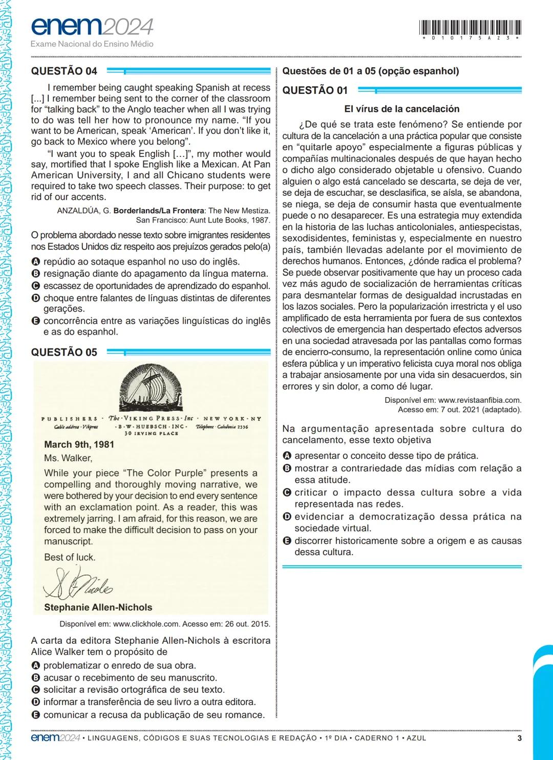 01
1º DIA
EXAME NACIONAL DO ENSINO MÉDIO
PROVA DE LINGUAGENS, CÓDIGOS E SUAS TECNOLOGIAS E REDAÇÃO
PROVA DE CIÊNCIAS HUMANAS E SUAS TECNOL