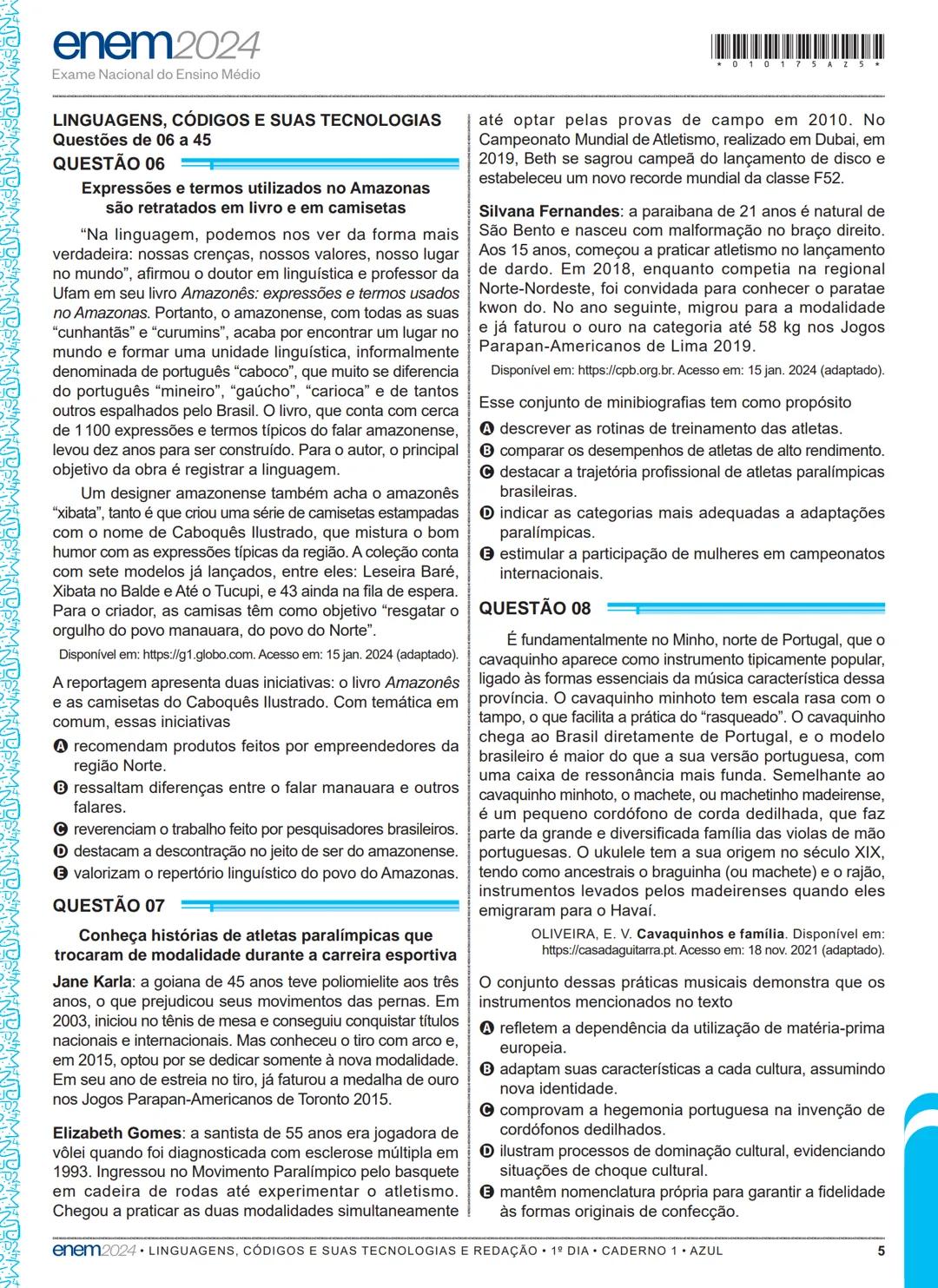 01
1º DIA
EXAME NACIONAL DO ENSINO MÉDIO
PROVA DE LINGUAGENS, CÓDIGOS E SUAS TECNOLOGIAS E REDAÇÃO
PROVA DE CIÊNCIAS HUMANAS E SUAS TECNOL