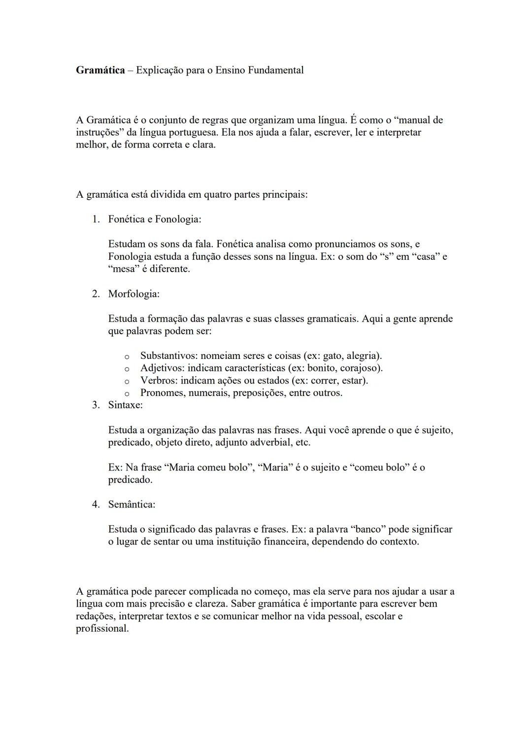 Gramática - Explicação para o Ensino Fundamental
A Gramática é o conjunto de regras que organizam uma língua. É como o "manual de
instruçõe