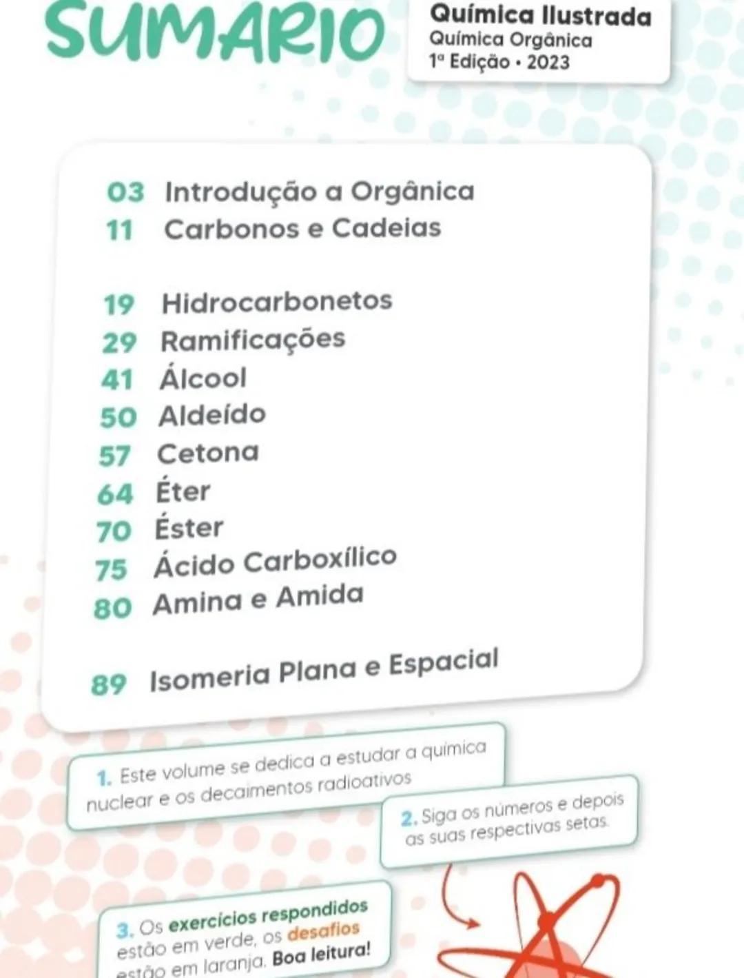Química Ilustrada
SUMARIO Quimica Organica
1ª Edição. 2023
03 Introdução a Orgânica
11 Carbonos e Cadeias
19 Hidrocarbonetos
29 Ramificações
