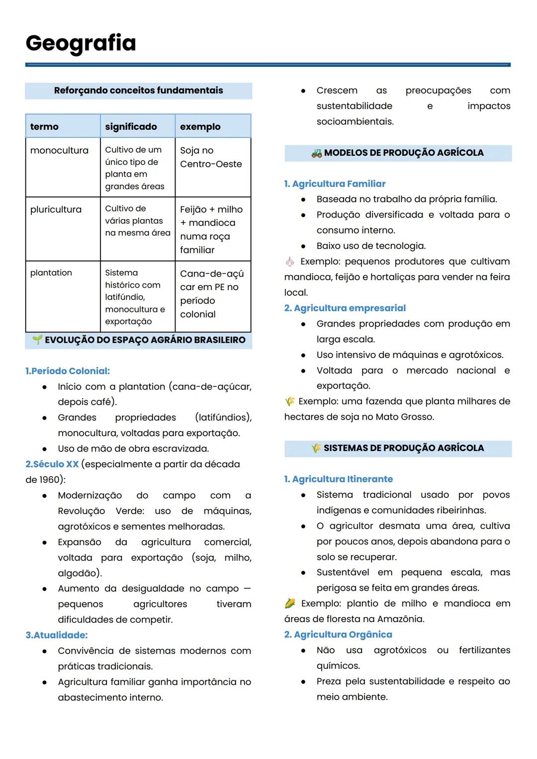 Geografia
Reforçando conceitos fundamentais
termo
monocultura
pluricultura
plantation
significado
Cultivo de um
único tipo de
planta em
gran