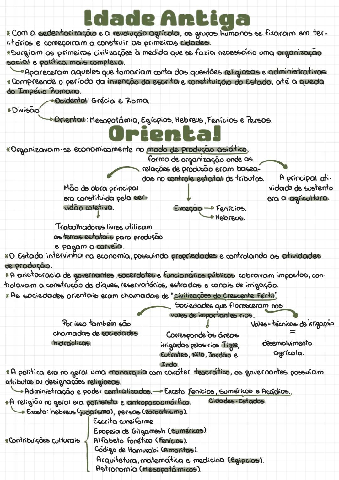 Idade Antiga
* Com a sedentarização e a revolução agrícola, os grupos humanos se fixaram em ter-
ritórios e começaram a construir as primeir