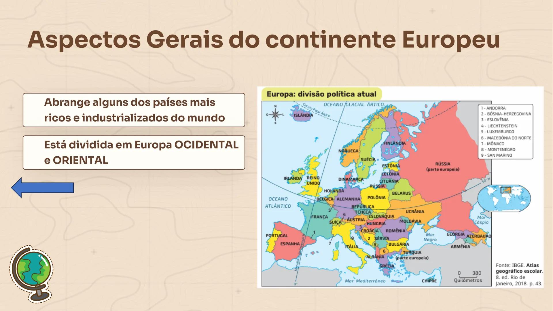 GEOGRAFIA
+
Europa
Ocidental e Oriental
Profa. Ma. Larissa Menezes
++
+
9° ΑΝΟ Aspectos Gerais do continente Europeu
Abrange alguns dos país