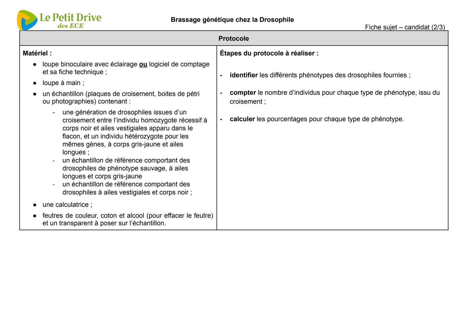 Le Petit Drive
des ECE
Brassage génétique chez la Drosophile
Contexte
Fiche sujet
— candidat (1/3)
Dans un laboratoire de génétique, parmi d