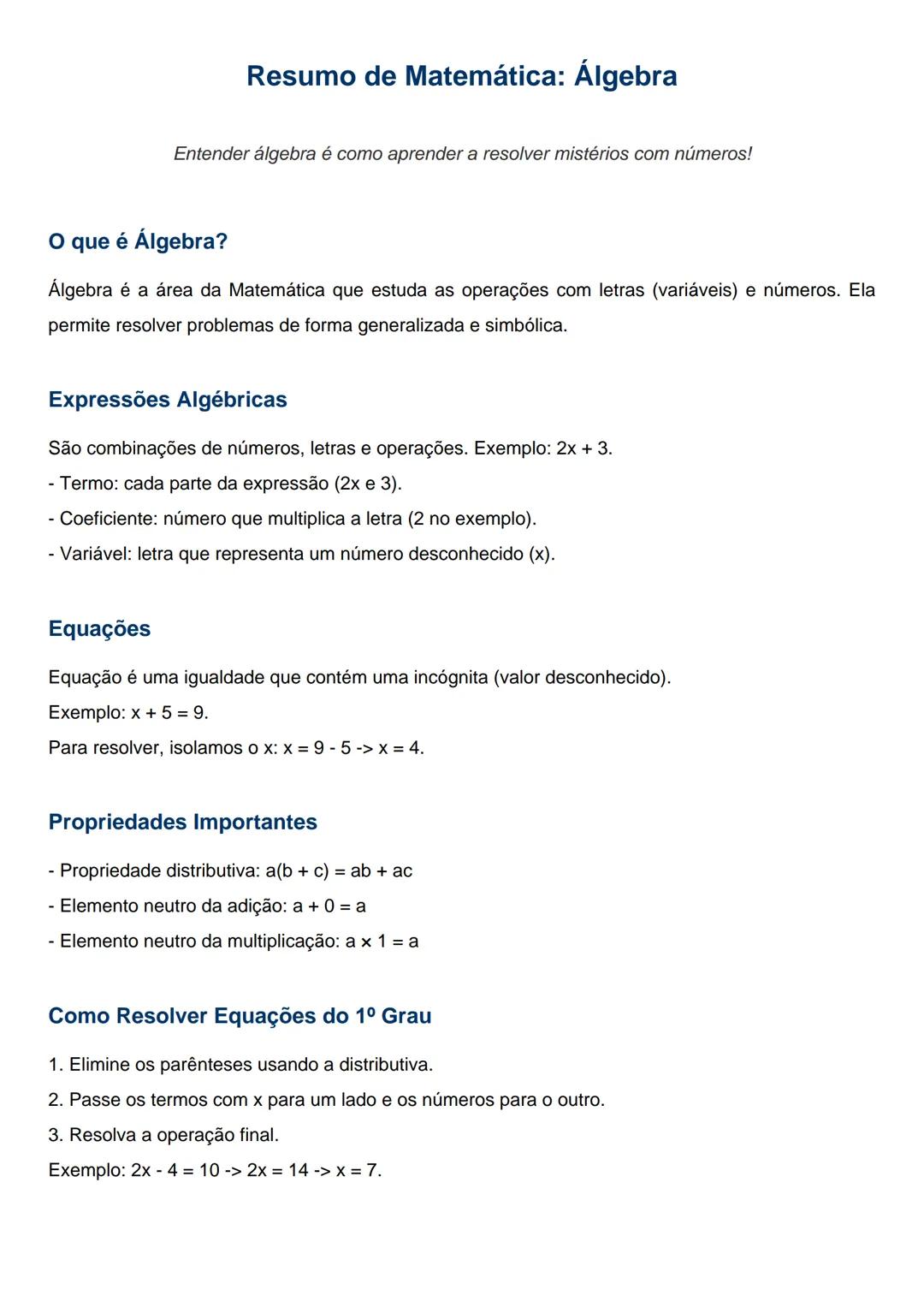 Resumo de Matemática: Álgebra
Entender álgebra é como aprender a resolver mistérios com números!
O que é Álgebra?
Álgebra é a área da Matemá