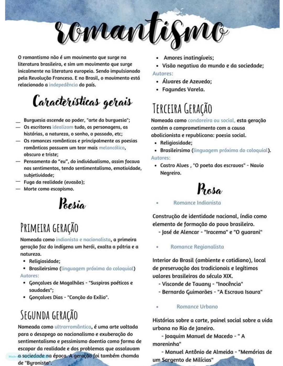 romantismo
O romantismo não é um movimento que surge na
literatura brasileira, e sim um movimento que surge
inicalmente na literatura europe