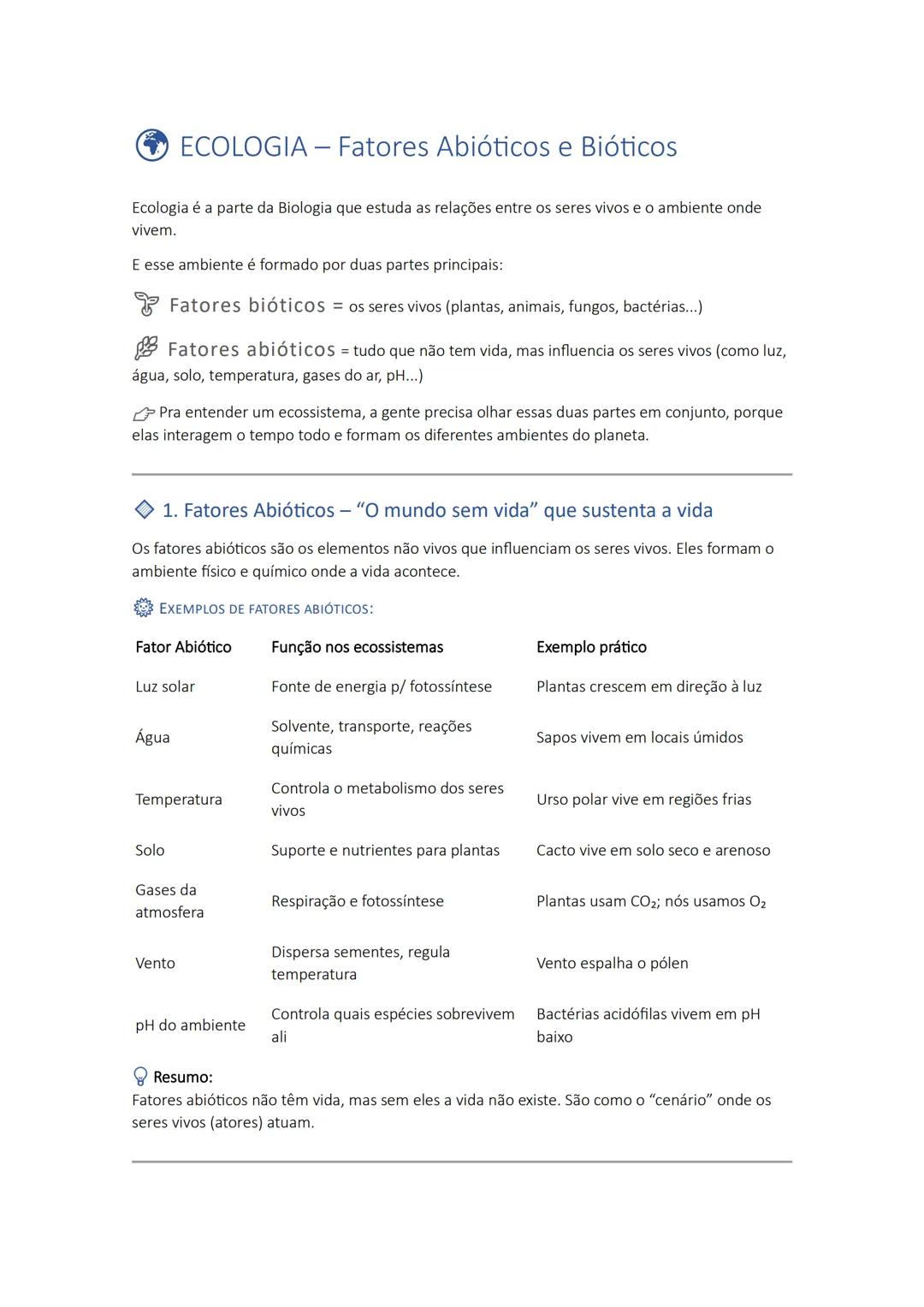 ECOLOGIA - Fatores Abióticos e Bióticos
Ecologia é a parte da Biologia que estuda as relações entre os seres vivos e o ambiente onde
vivem.