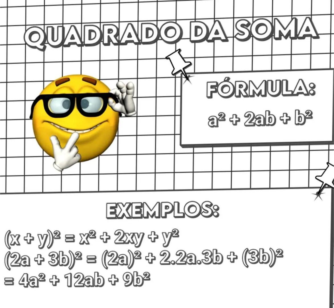 PRODUTOS NOTAVEIS
PRODUTOS NOTÁVEIS SÃO FÓRMULAS
ALGÉBRICAS PRONTAS QUE FACILITAM
O CÁLCULO DE EXPRESSÕES. QUADRADO DA SOMA
FÓRMULA:
a² + 2