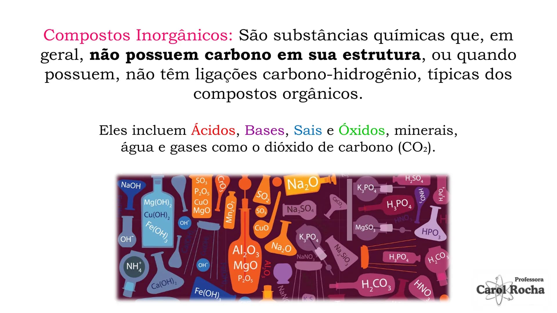 # FUNÇÕES INORGÂNICAS
PROFESSORA CAROL Compostos Inorgânicos: São substâncias químicas que, em
geral, não possuem carbono em sua estrutura,