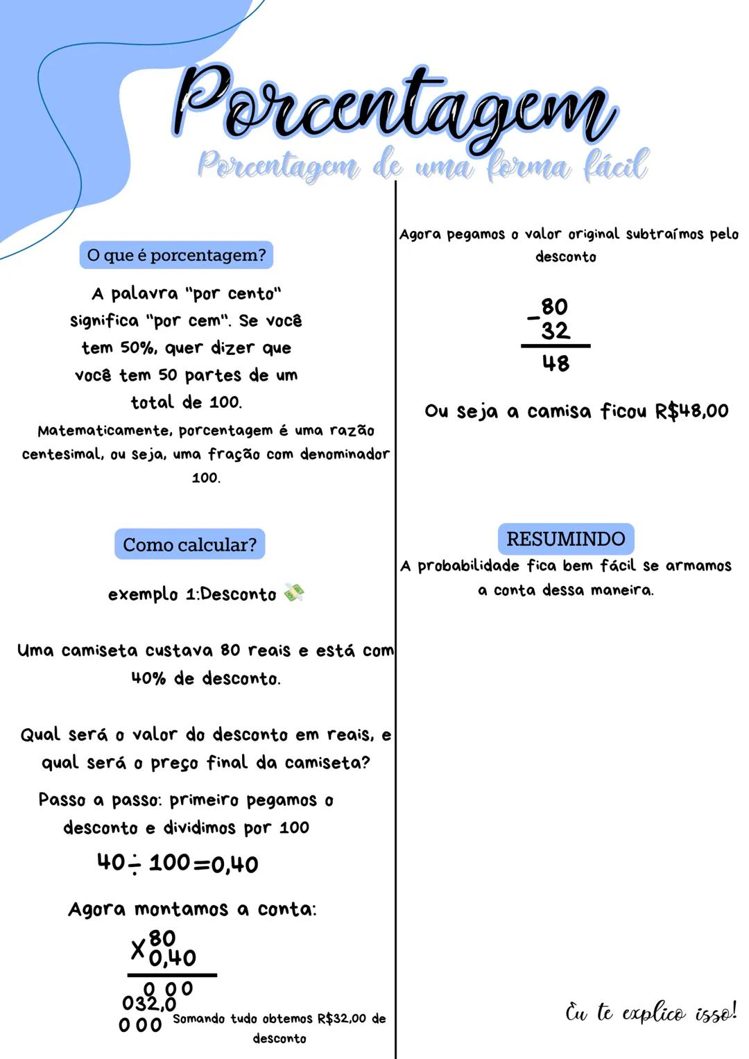 # Porcentagem
Percentagem de uma ferma fácil
O que é porcentagem?
A palavra "por cento"
significa "por cem". Se você
tem 50%, quer dizer