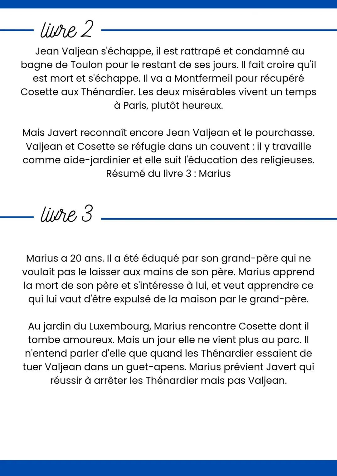 <h2 id="livre1">Livre 1</h2>
<p>Dans ce premier livre des Misérables, nous voyons comment Jean Valjean, un homme condamné au bagne pour avo
