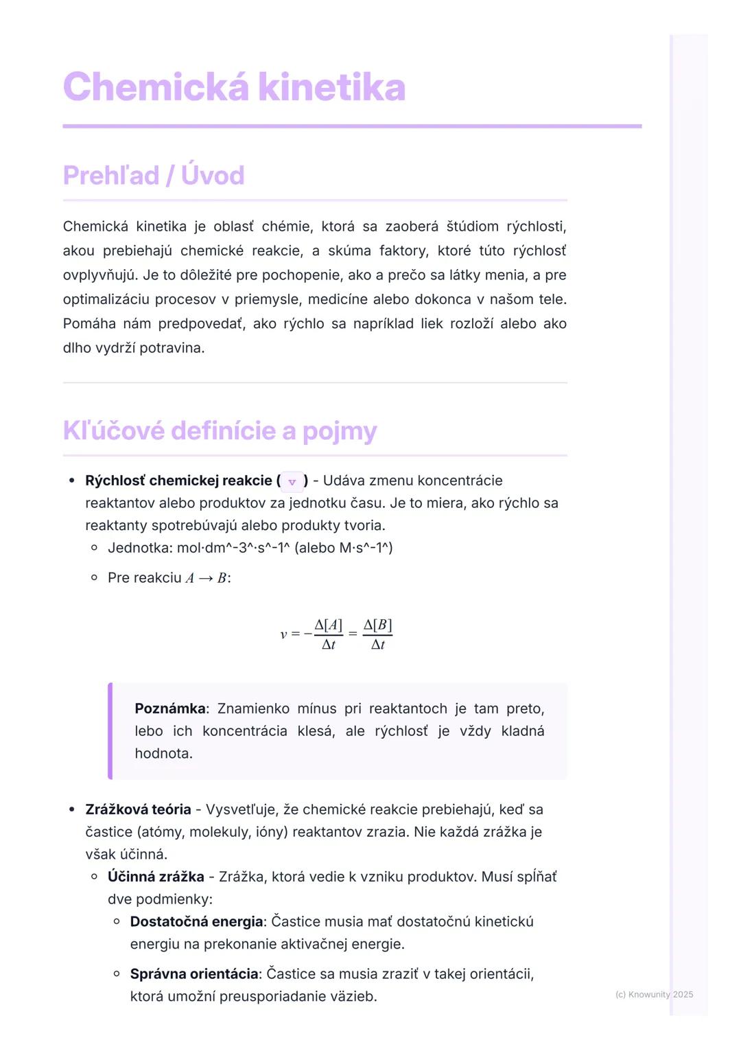 # Chemická kinetika
## Prehľad / Úvod
Chemická kinetika je oblasť chémie, ktorá sa zaoberá štúdiom rýchlosti,
akou prebiehajú chemické rea