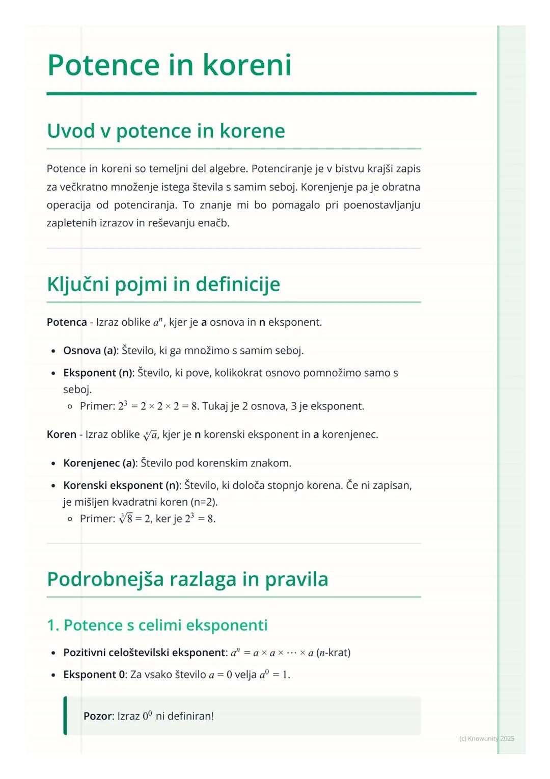 # Potence in koreni
Uvod v potence in korene
Potence in koreni so temeljni del algebre. Potenciranje je v bistvu krajši zapis
za večkratno