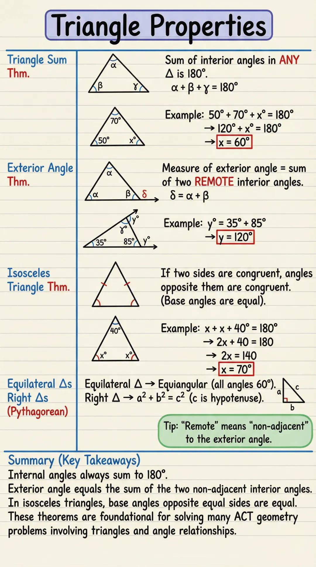 # Triangle Properties
Triangle Sum
Thm.
$\alpha$
$\beta$
$\gamma$
70°
50°
x
Exterior Angle
Thm.
$\alpha$
$\gamma$
$\beta$ $\delta