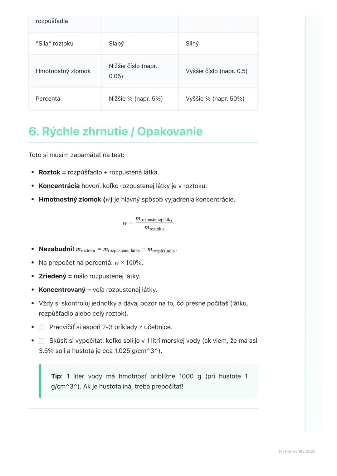 # Koncentrácia roztokov
(základy)
1. Prehľad / Úvod
Dnes si zopakujeme, čo je to koncentrácia roztokov. Je to dôležitá téma, lebo
nám pomá