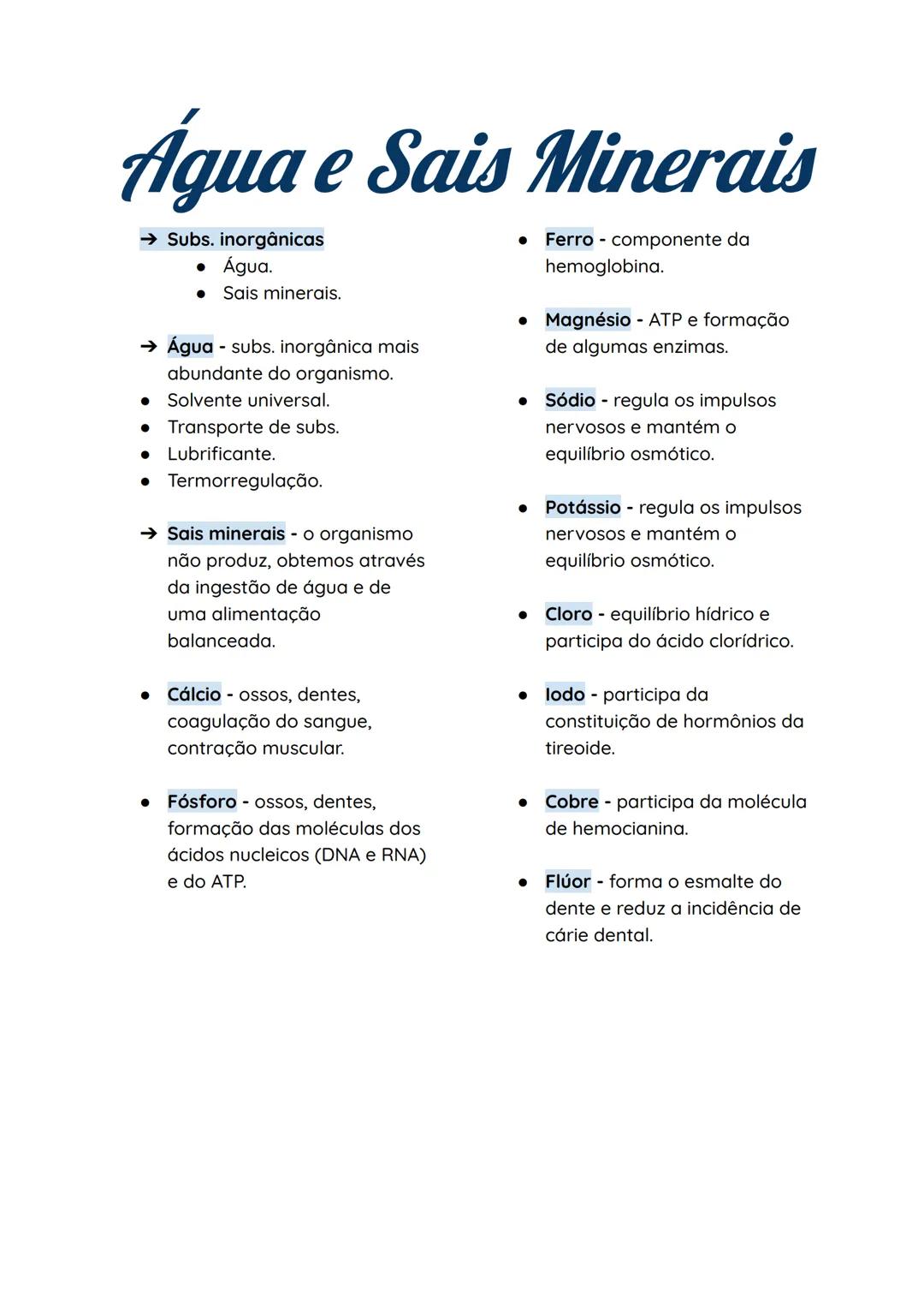 # Água e Sais Minerais
→ Subs. inorgânicas
* Água.
* Sais minerais.
→ Água - subs. inorgânica mais
abundante do organismo.
* Solve
