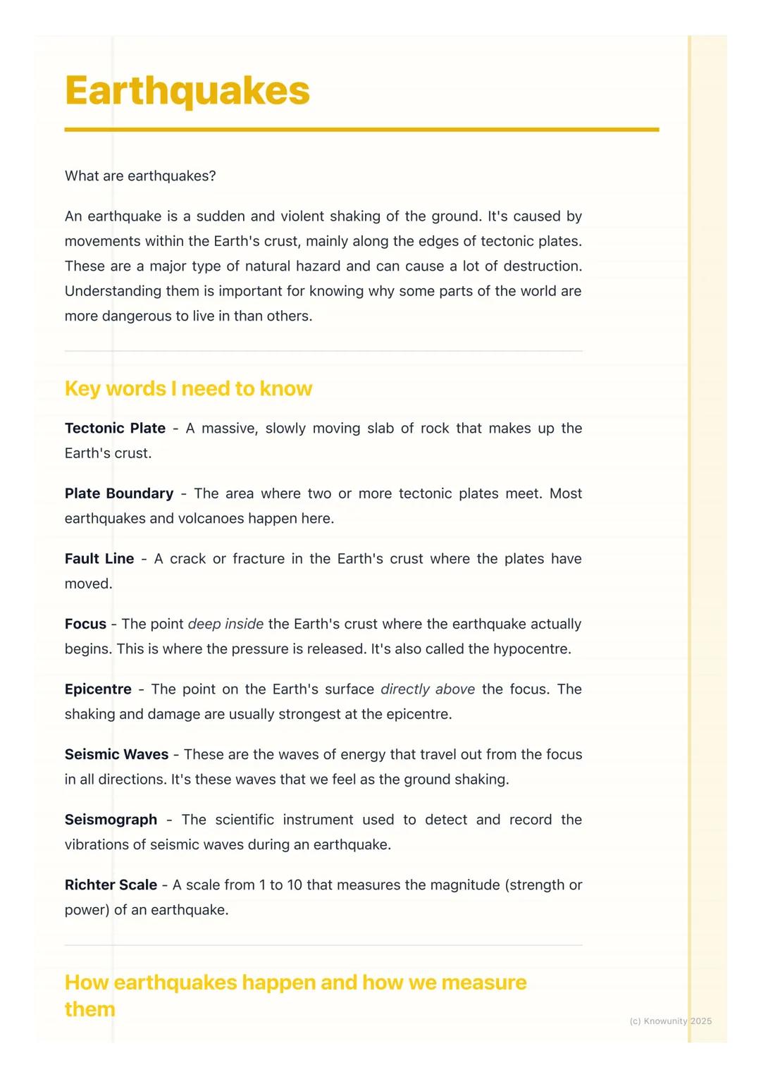 # Earthquakes
What are earthquakes?
An earthquake is a sudden and violent shaking of the ground. It's caused by
movements within the Earth