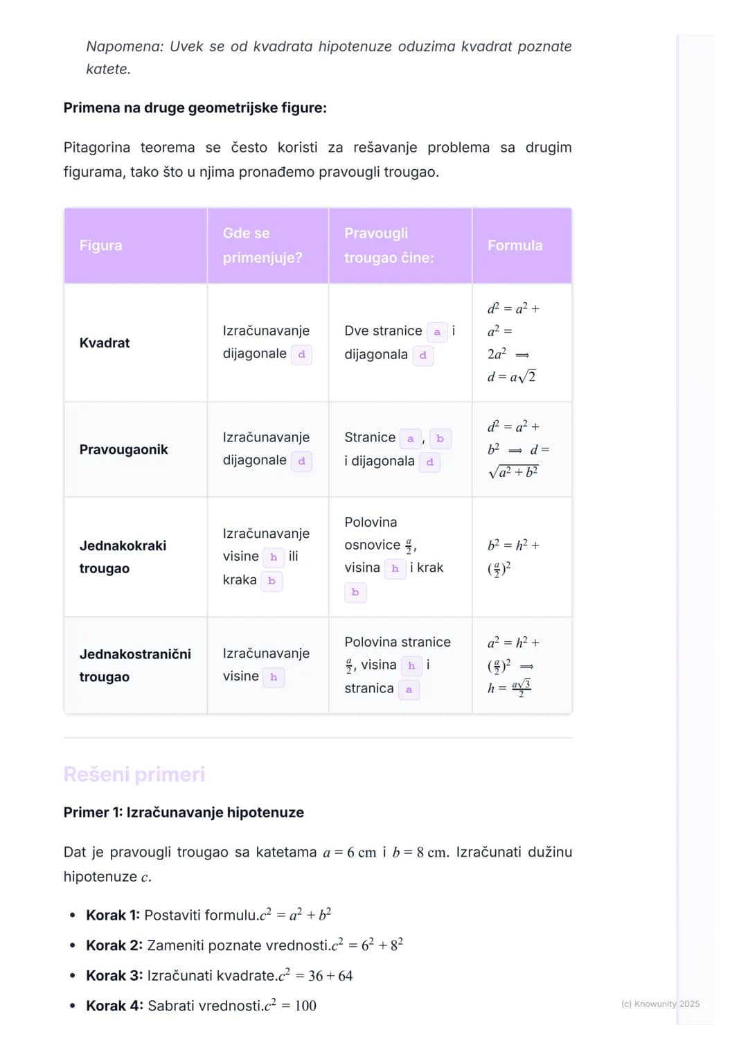 # Pitagorina teorema
Uvod i podsećanje
Pitagorina teorema je jedna od najvažnijih teorema u geometriji. Povezuje
dužine stranica pravouglo