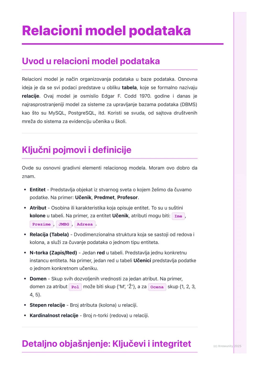 # Relacioni model podataka
## Uvod u relacioni model podataka
Relacioni model je način organizovanja podataka u baze podataka. Osnovna
ide