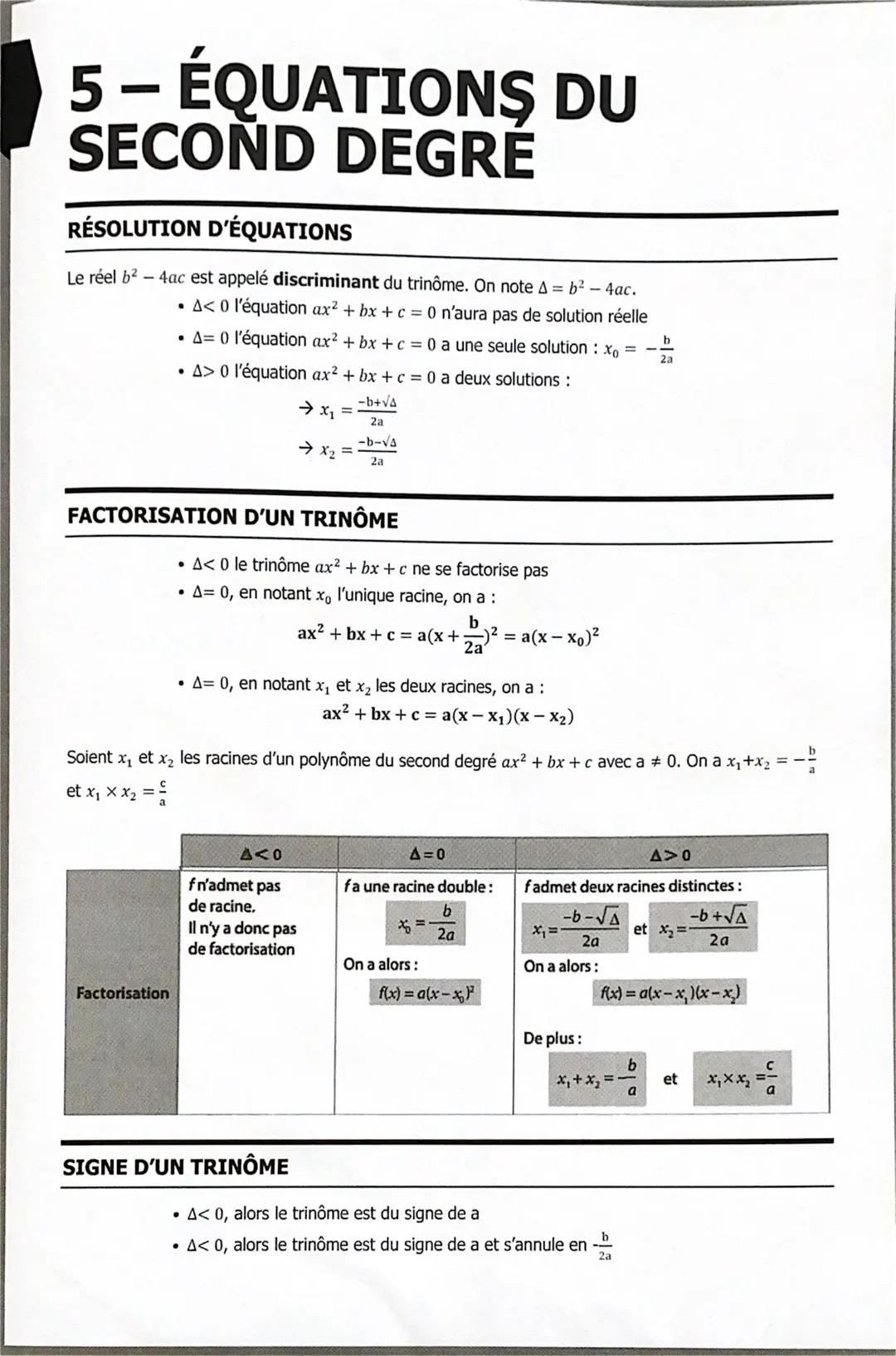 # 5- ÉQUATIONS DU
SECOND DEGRE
## RÉSOLUTION D'ÉQUATIONS
Le réel b2-4ac est appelé discriminant du trinôme. On note A = b²-4ac.
* A< 0