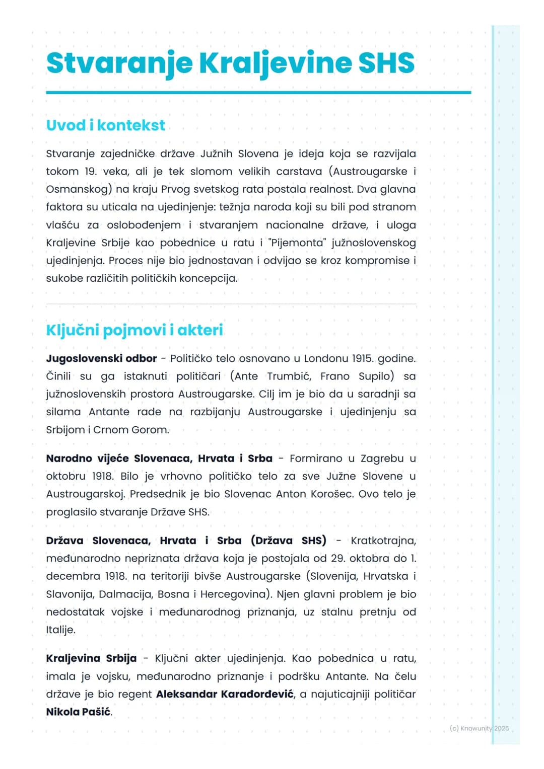 # Stvaranje Kraljevine SHS
Uvod i kontekst
Stvaranje zajedničke države Južnih Slovena je ideja koja se razvijala
tokom 19. veka, ali je te