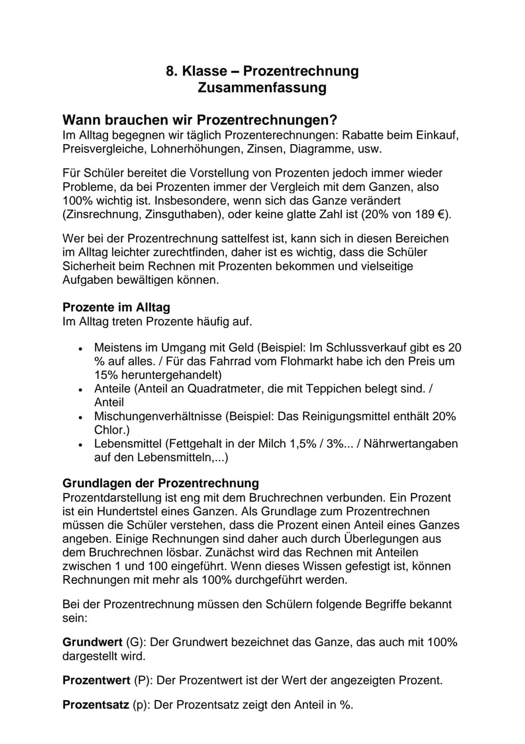 # 8. Klasse - Prozentrechnung
Zusammenfassung
Wann brauchen wir Prozentrechnungen?
Im Alltag begegnen wir täglich Prozenterechnungen: Rabat