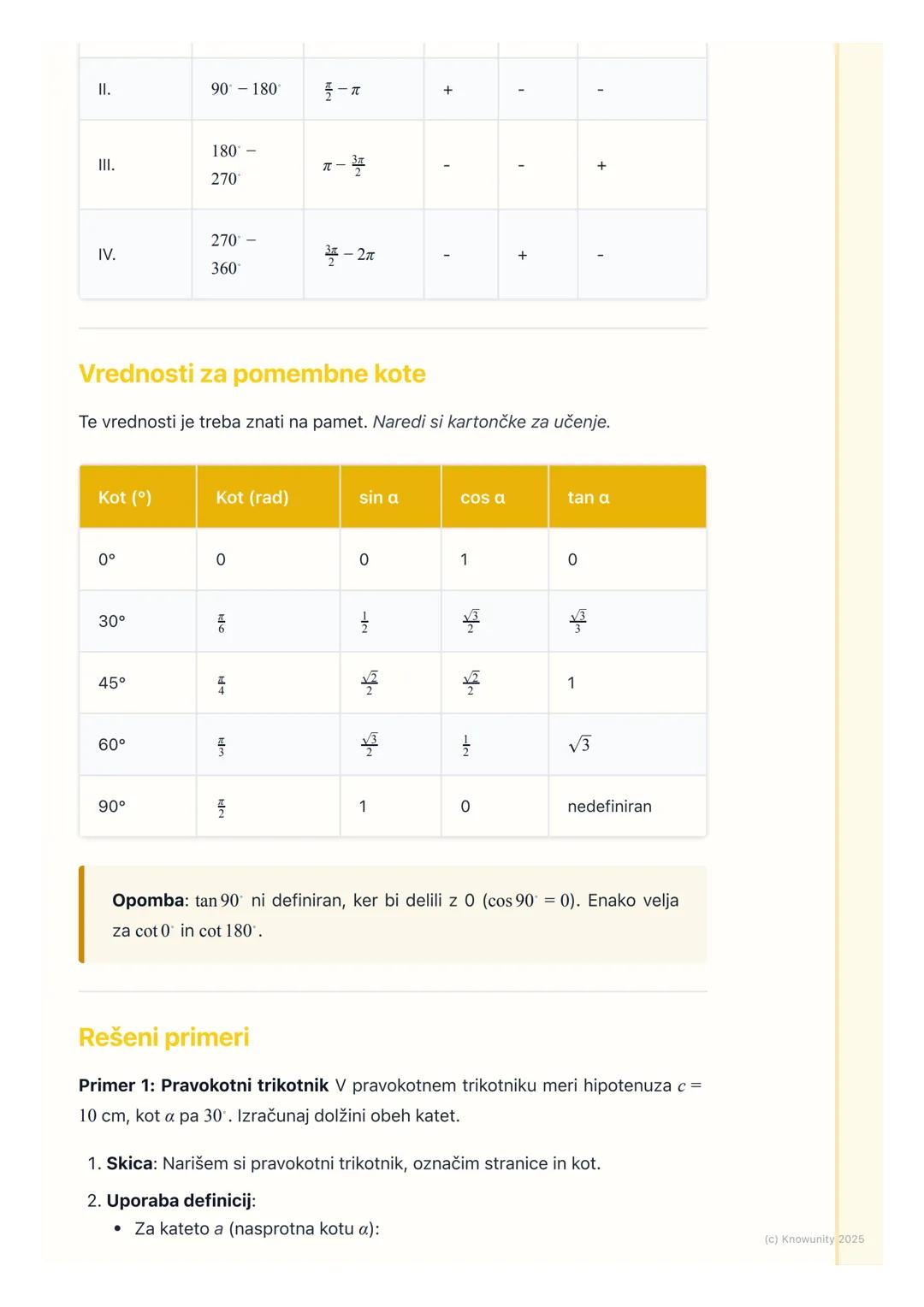 # Kotne funkcije v pravokotnem
trikotniku in na enotski
krožnici
Ponovitev kotnih funkcij v pravokotnem trikotniku
To je osnova, ki jo mor