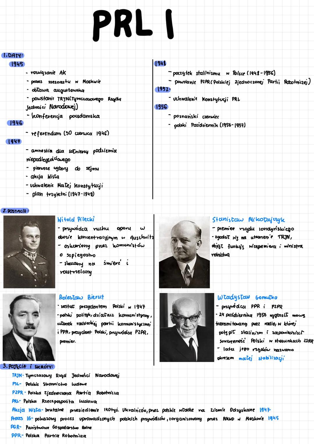 # PRL I
1.DATY:
1945
- rozwiązanie Ak
- proces szesnastu w Moskwie
- obława augustowską
- powstanie TRYNCTymczasowego Rigdy
Jedności N