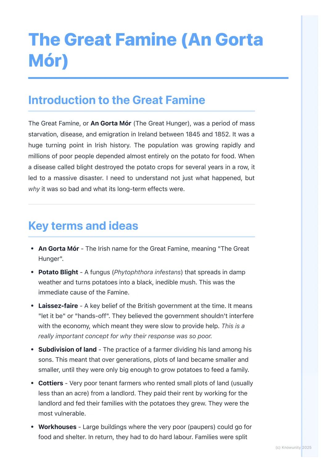 # The Great Famine (An Gorta
Mór)
## Introduction to the Great Famine
The Great Famine, or An Gorta Mór (The Great Hunger), was a period o