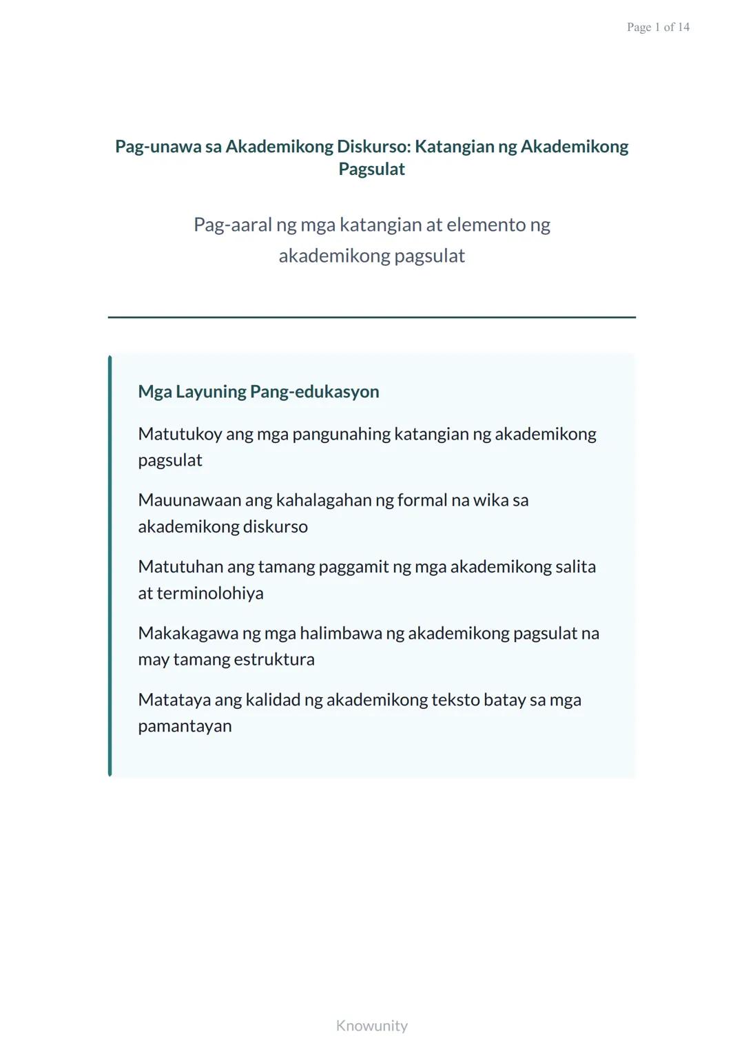 # Pag-unawa sa Akademikong Diskurso: Katangian ng Akademikong Pagsulat
Pag-aaral ng mga katangian at elemento ng akademikong pagsulat
## M