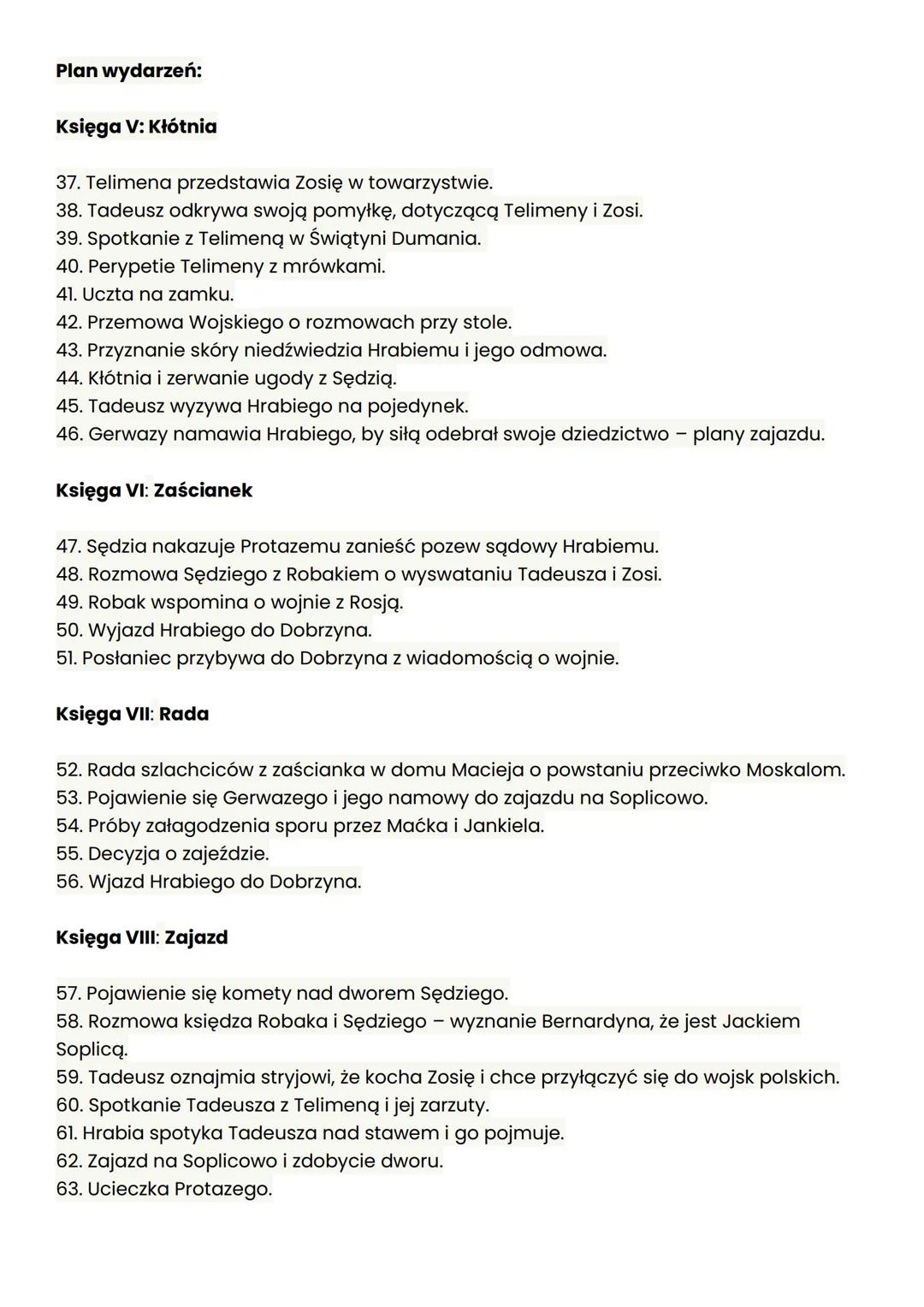 Plan wydarzeń:
Księga V: Kłótnia
37. Telimena przedstawia Zosię w towarzystwie.
38. Tadeusz odkrywa swoją pomyłkę, dotyczącą Telimeny i Zosi